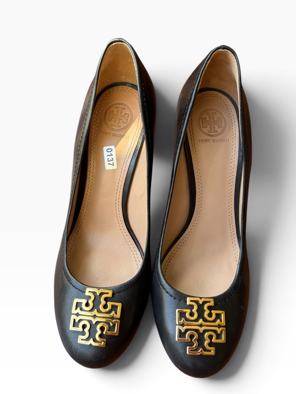 Tory Burch Black Leather Gold Logo Wedge Pumps Size 7.5M